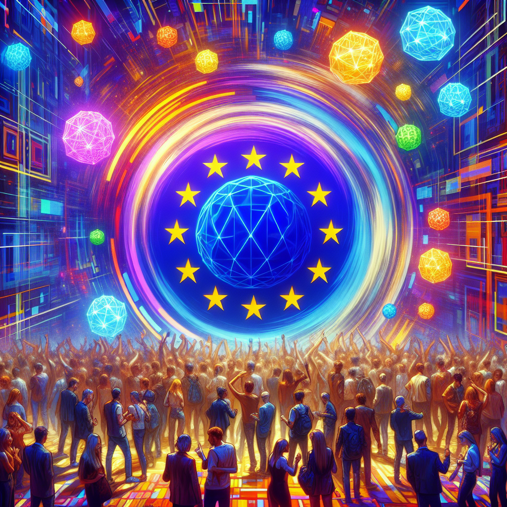 Imagine care ilustreaza o petrecere vibranta si dinamica intr-un club NFT, unde persoane europene se bucura de arta si interactioneaza unii cu altii, inconjurati de opere de arta digitale unice si colorate.