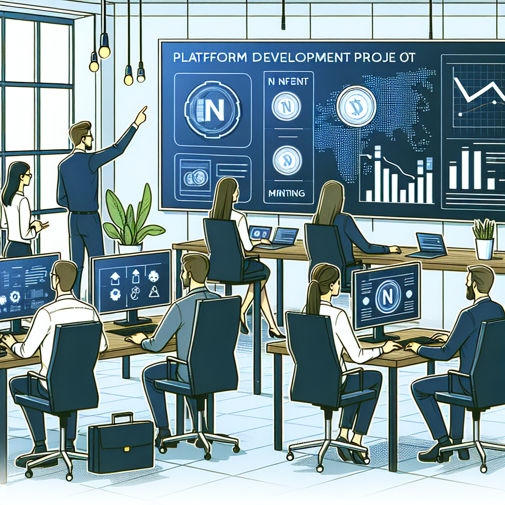Imagining a office space for an IT company, where a group of European specialists discusses a project for the development of a platform for NFT minting. The atmosphere is friendly, employees are working on computers, and screens show charts and data about NFTs.