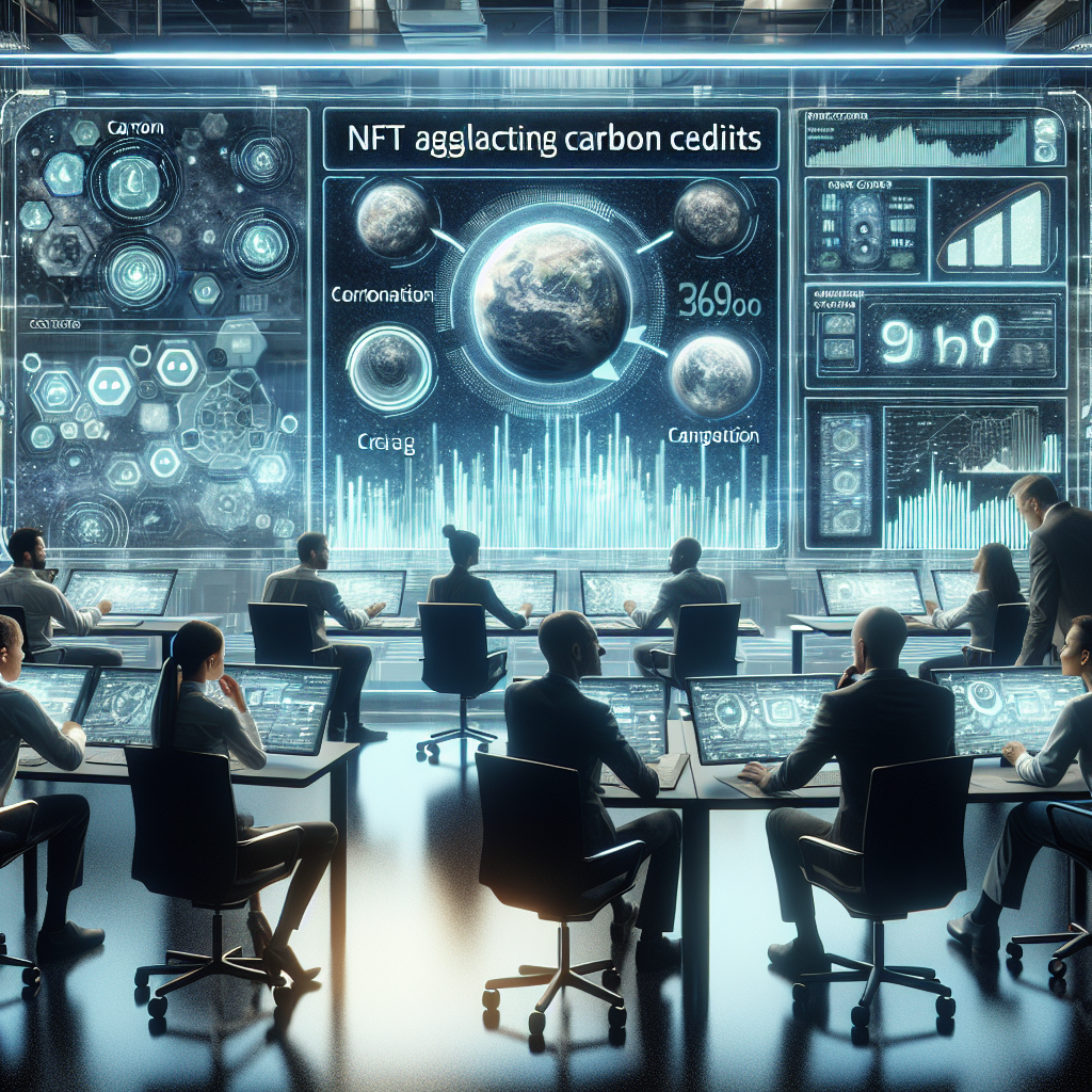 Imagine a unui interfata high-tech pentru un agregator NFT, care vizualizeaza creditele de carbon, cu europeni lucrand la proiect.