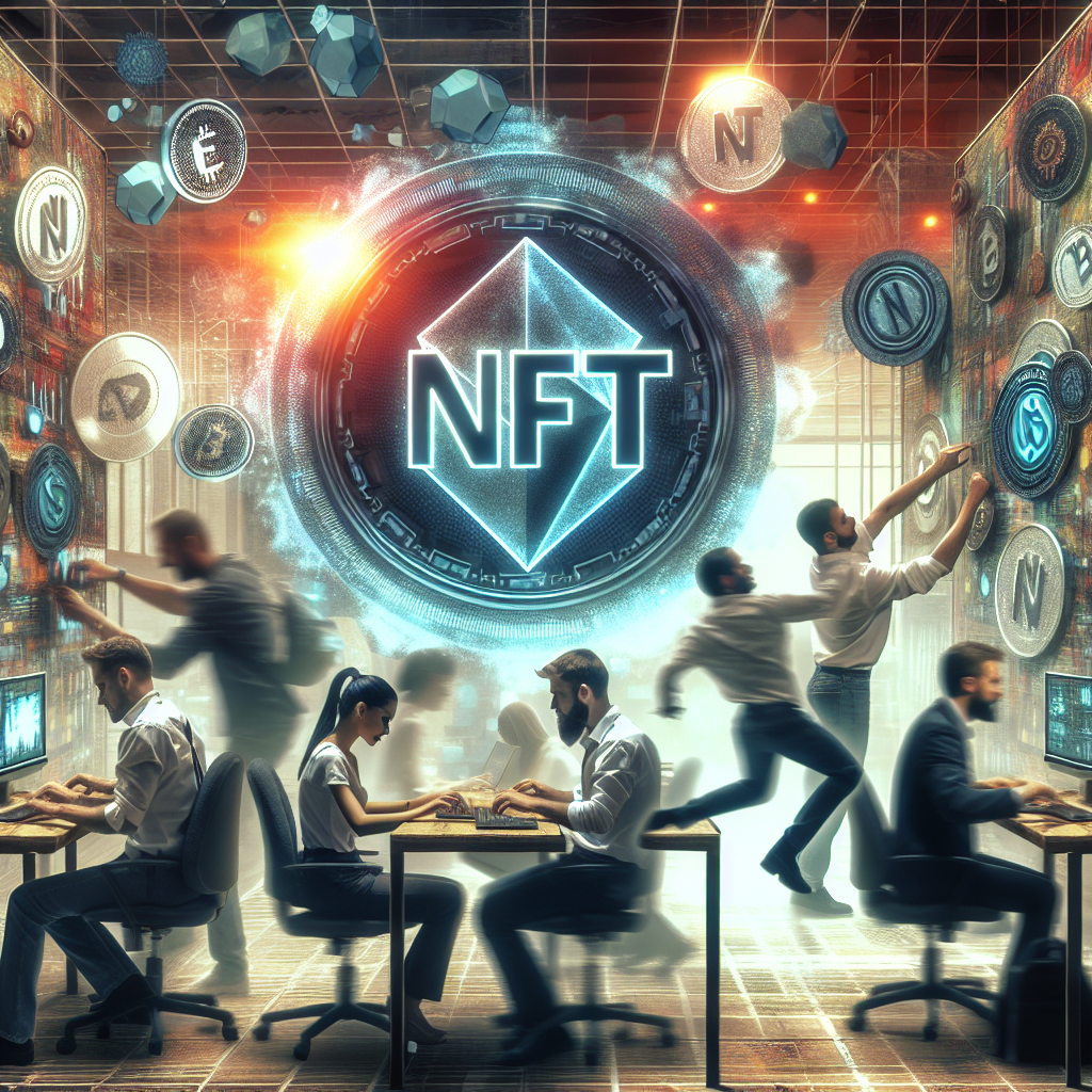 Imaginea unei studiouri NFT vibrante, cu o atmosfera dinamica, in care profesionisti europeni lucreaza la tokeni digitali unici.