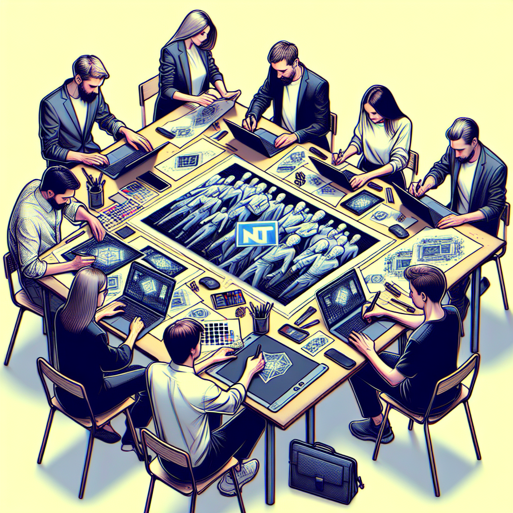 Grup de specialisti din Highsnobiety studioul NFT, care lucreaza la un proiect de arta NFT, cu laptopuri, table grafice si schite de design NFT pe masa.