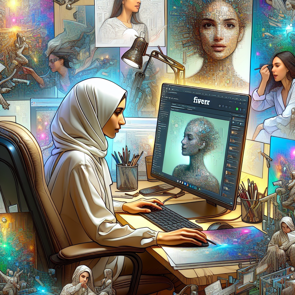 Imagine cu o persoana studiind platforma Fiverr pe computerul sau, inconjurata de opere de arta digitale legate de NFT. Imaginea ar trebui sa arate ca o fotografie reala.