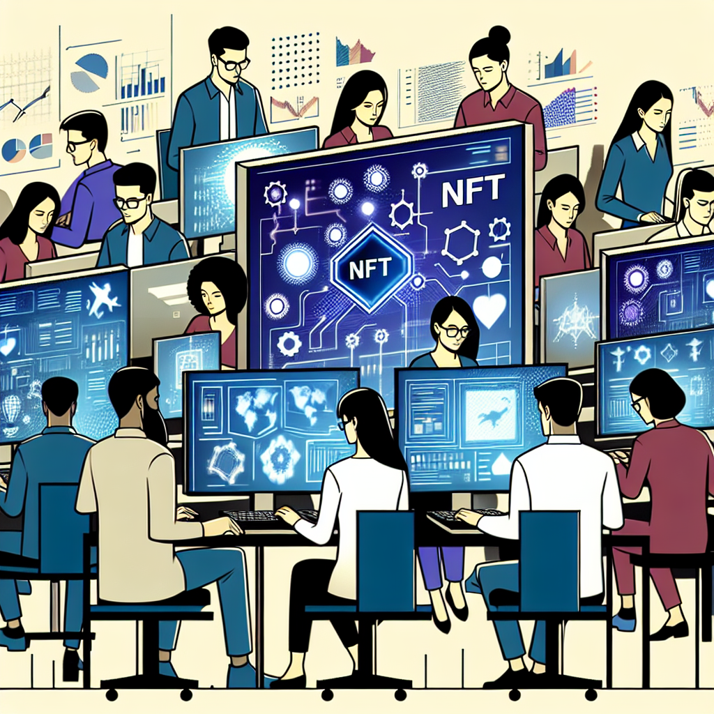 Imagine cu experti tehnologici lucrand la un proiect NFT, toti personajii avand un aspect european, inconjurati de ecrane de computer, diagrame si scheme.