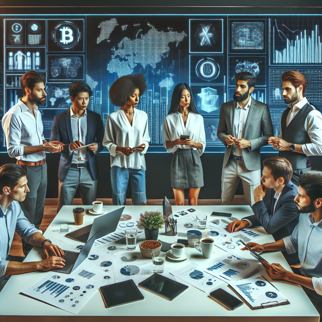 Imagine cu un grup de profesionisti discutand idei si strategii legate de criptomonede si criptomarketing, avand grafice si diagrame pe ecran. Toate persoanele apar in imagine cu un aspect european.