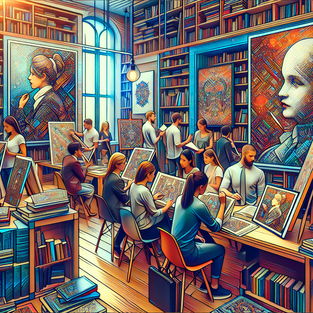 Imagine care ilustreaza procesul de investire in carti postale de colectie pe fundalul unei librarii dinamice sau al unei galerii de arta. Toate persoanele din imagine ar trebui sa aiba un aspect european.