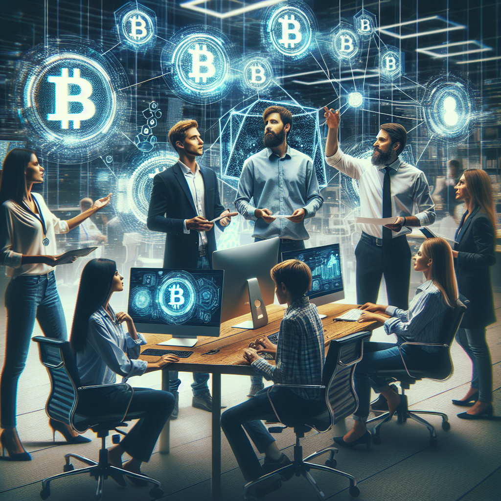 Imagini cu oameni europeni care lucreaza cu tehnologia blockchain in industria publicitatii, aratand o echipa dinamica care discuta strategii in fata ecranelor digitale.