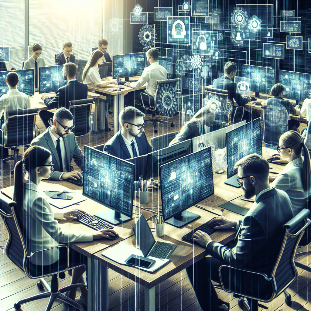 Imagine cu specialisti care lucreaza cu sisteme de criptografie in timp real intr-un birou modern. Toate persoanele au tipologie europeana si sunt concentrate pe sarcinile lor si pe ecranele computerelor.