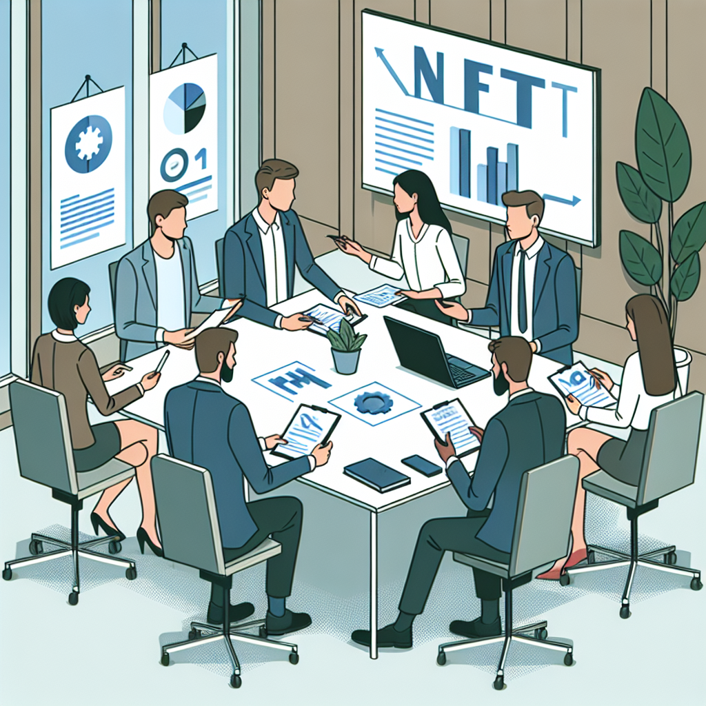 Imagine a unei echipe de consultanti care discuta strategii NFT intr-un birou modern, inconjurati de documente, laptopuri si grafice. Toate persoanele ar trebui sa aiba un aspect european.