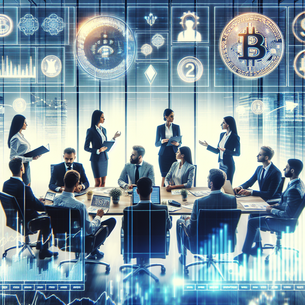 Grupa de oameni de tip european discuta despre un schimb cripto peer-to-peer si finantare, inconjurati de mese cu <a href=