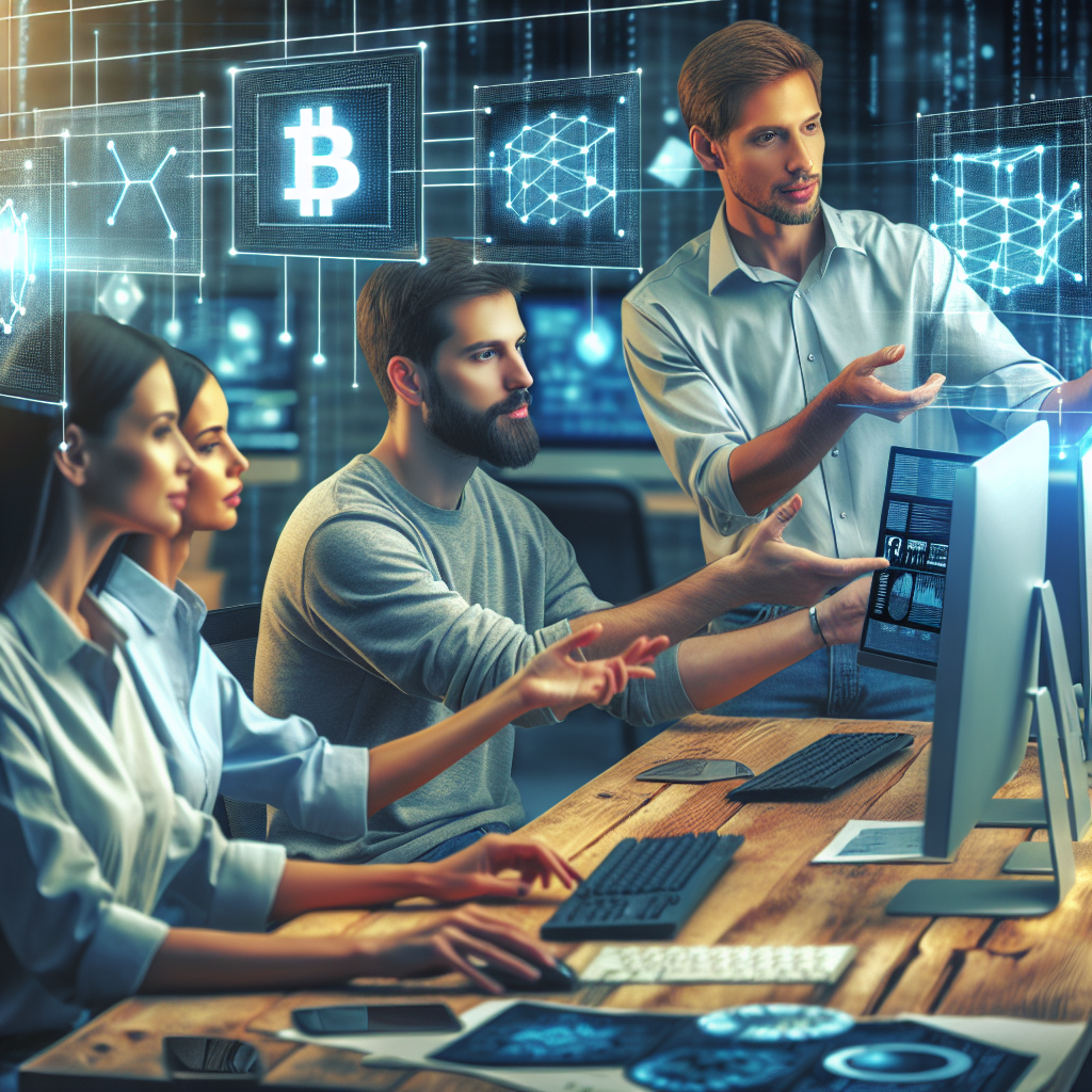 Imagine care ilustreaza o reclama blockchain, unde oameni europeni lucreaza la computere, discutand si analizand datele. Imaginea trebuie sa arate ca o fotografie, astfel incat sa nu poata fi diferentiata de realitate.