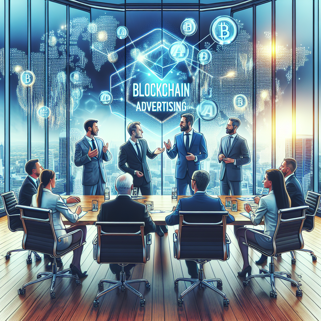 Imagine care ilustreaza avantajele reclamei blockchain, unde oameni de afaceri europeni discuta despre utilizarea implementarii blockchain-ului in strategia lor de marketing. Imaginea trebuie sa arate ca o fotografie, astfel incat sa nu poata fi diferentiata de realitate.