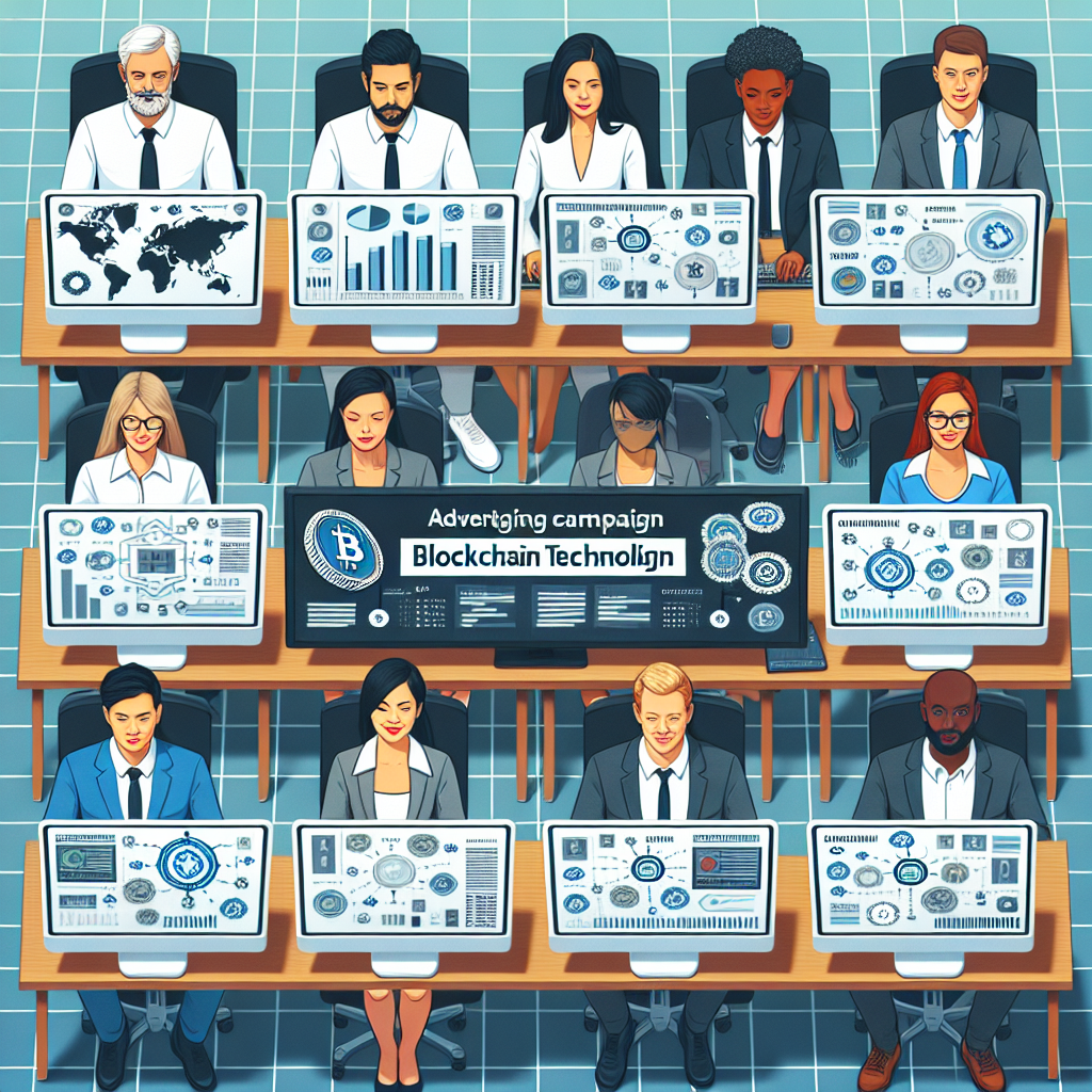 Imagine cu o campanie publicitara care utilizeaza tehnologia blockchain, afisand oameni la ecrane de computer cu grafice si diagrame, toate persoanele avand aspect european.