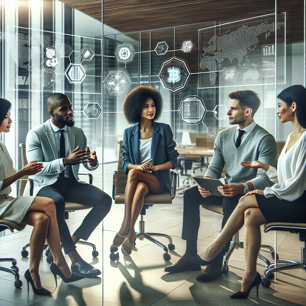 Imaginea unui succes al unei intalniri de afaceri cu un grup de oameni europeni discutand despre tehnologiile blockchain si comunicatiile strategice intr-un birou luminos.