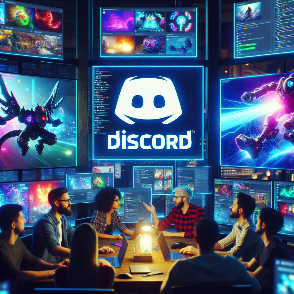 Imagine cu un grup de oameni europeni discutand marketingul unui joc pe Discord, inconjurati de ecrane cu imagini din jocuri si logo-ul Discord.