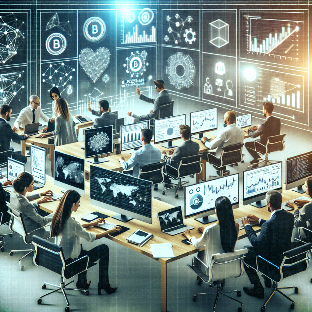Imagine despre blockchain in publicitate, aratand oameni care lucreaza cu grafice la computere, toate persoanele avand aspect european.