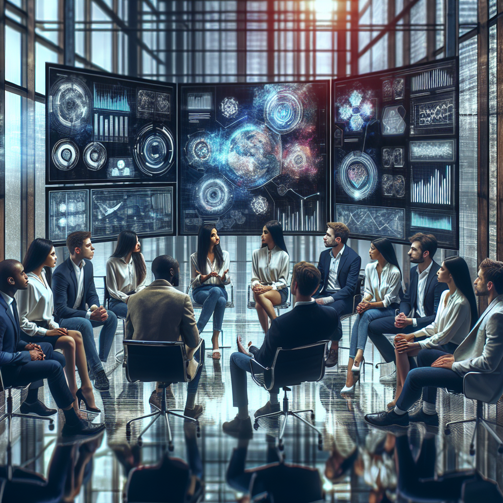 Imaginea unei echipe de profesionisti discutand strategia de PR in contextul unui proiect blockchain intr-un birou modern, dotat cu <a href=