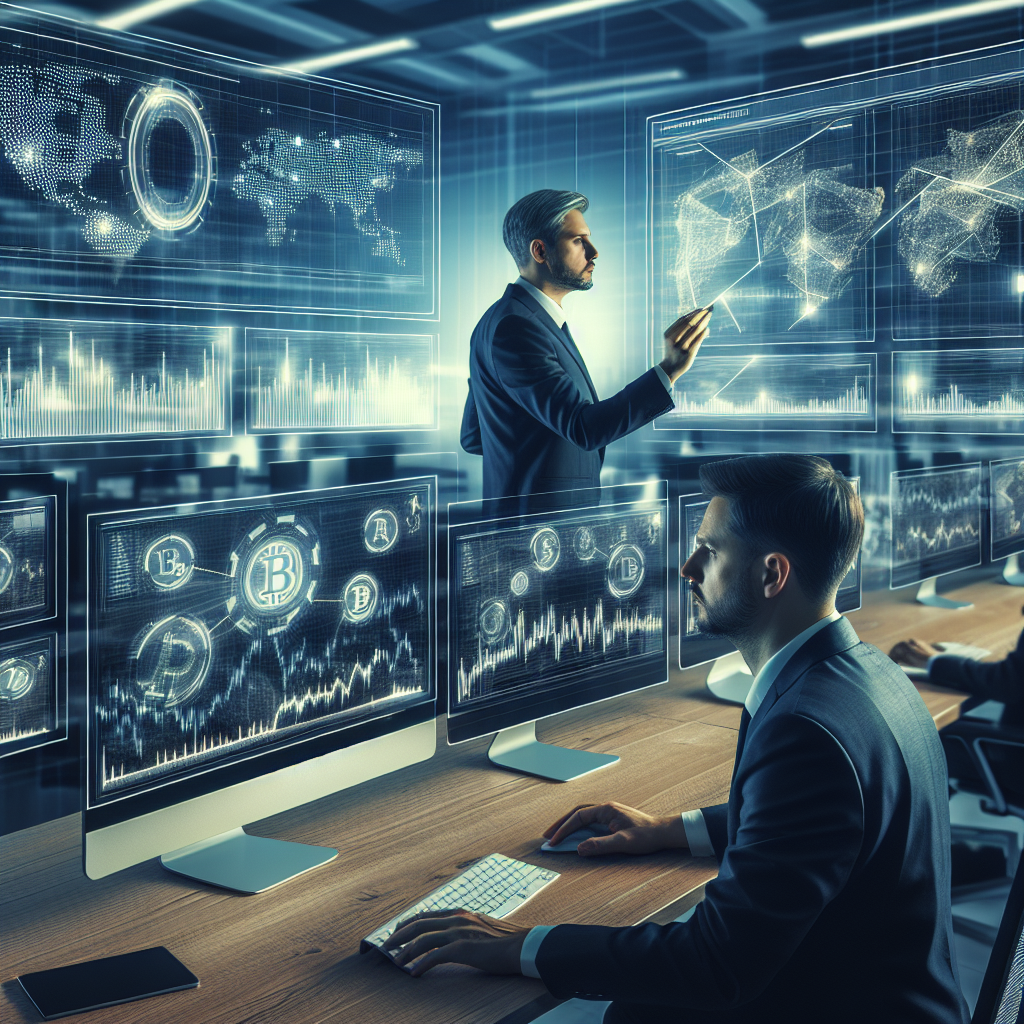 Imagine care arata traderi care analizeaza graficele si datele pe platforma Binance, cu persoane europene in fundal si un birou modern dotat cu monitoare si ecrane.
