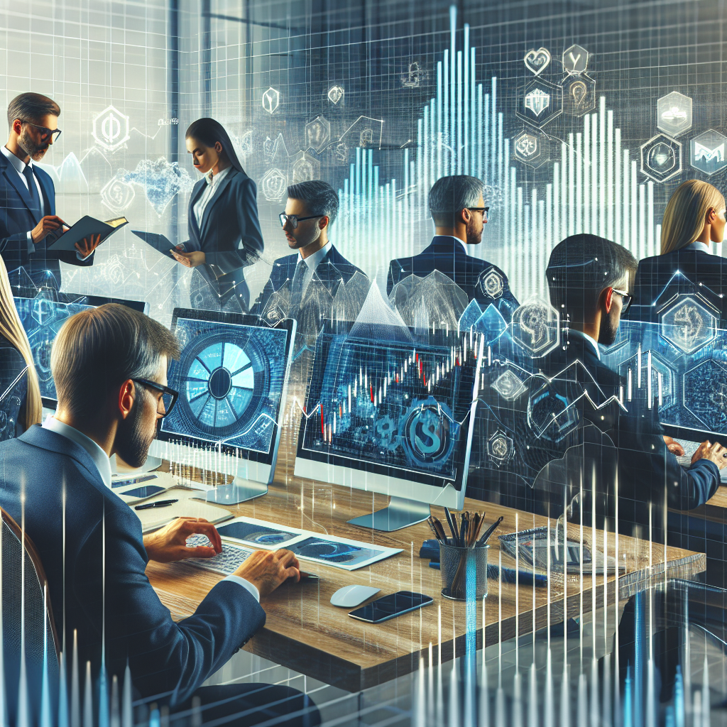 Imagine care reflecta conceptul de analiza a capitalizarii de piata DeFi. In imagine sunt reprezentate mai multe grafice, diagrame si oameni care lucreaza la computere. Toti oamenii din imagine sunt de tip european.