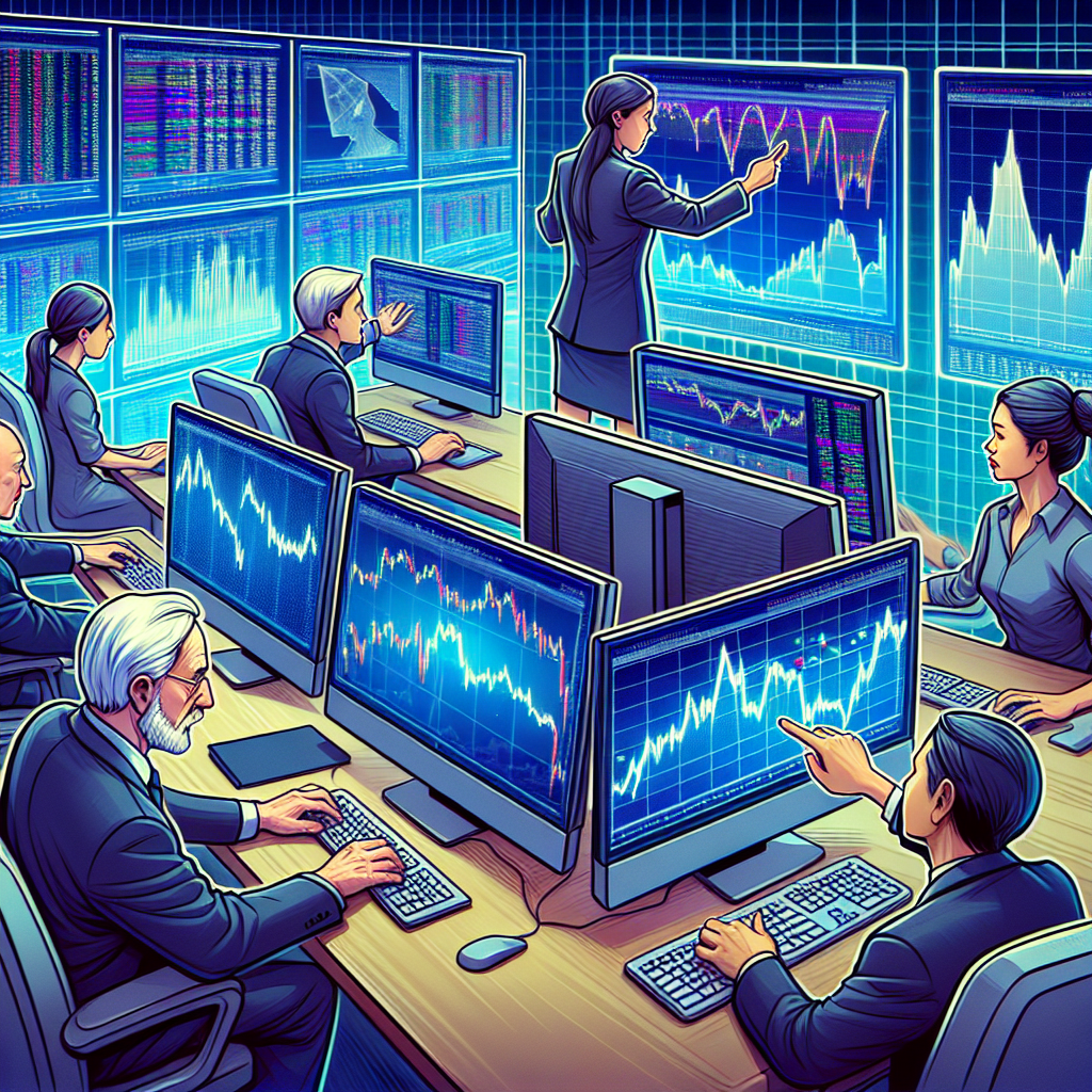 Imaginea prezinta o bursa de crypto-futures, unde investitorii si traderii lucreaza activ la computere, vizionand grafice si <a href=