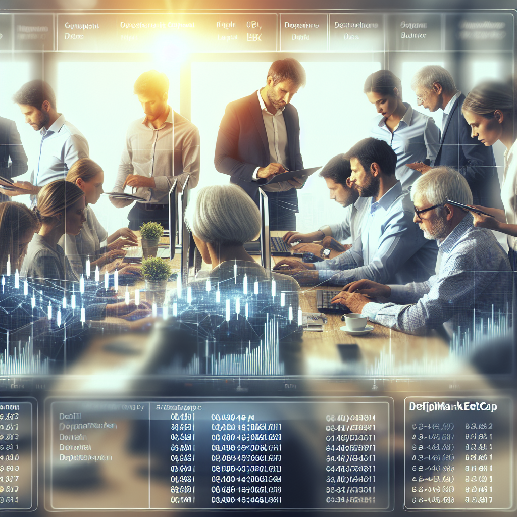 Imaginea arata oameni care lucreaza intr-un birou, analizand date pe ecrane legate de platformele defimarket si defimarketcap. Toate persoanele sunt de tip european, discutand activ idei si rezultate ale cercetarilor.