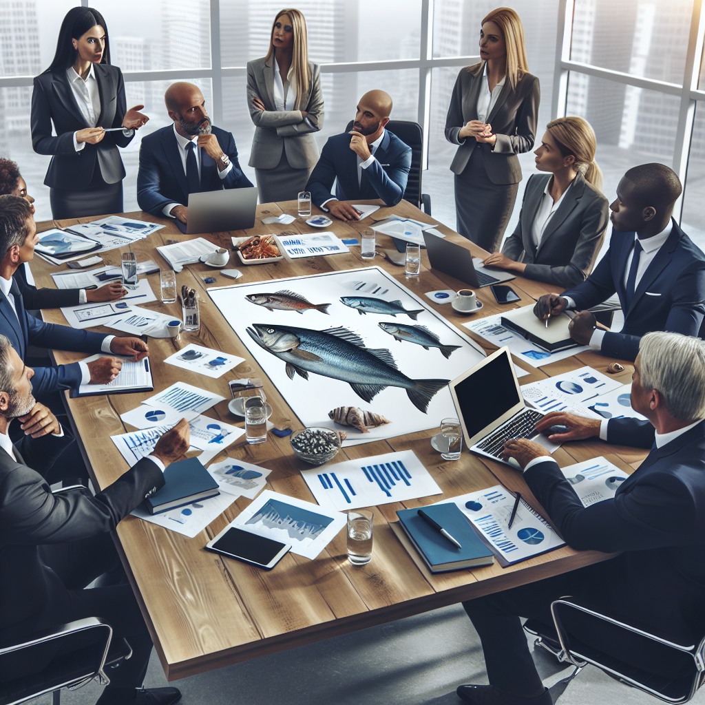 Imaginea unei strategii de business, unde un grup de oameni discuta aspecte importante ale pietei. Toate persoanele din fotografie au trasaturi europene si se afla intr-un birou. Trebuie sa arate ca o fotografie, astfel incat sa nu poata fi diferentiata de o fotografie reala.