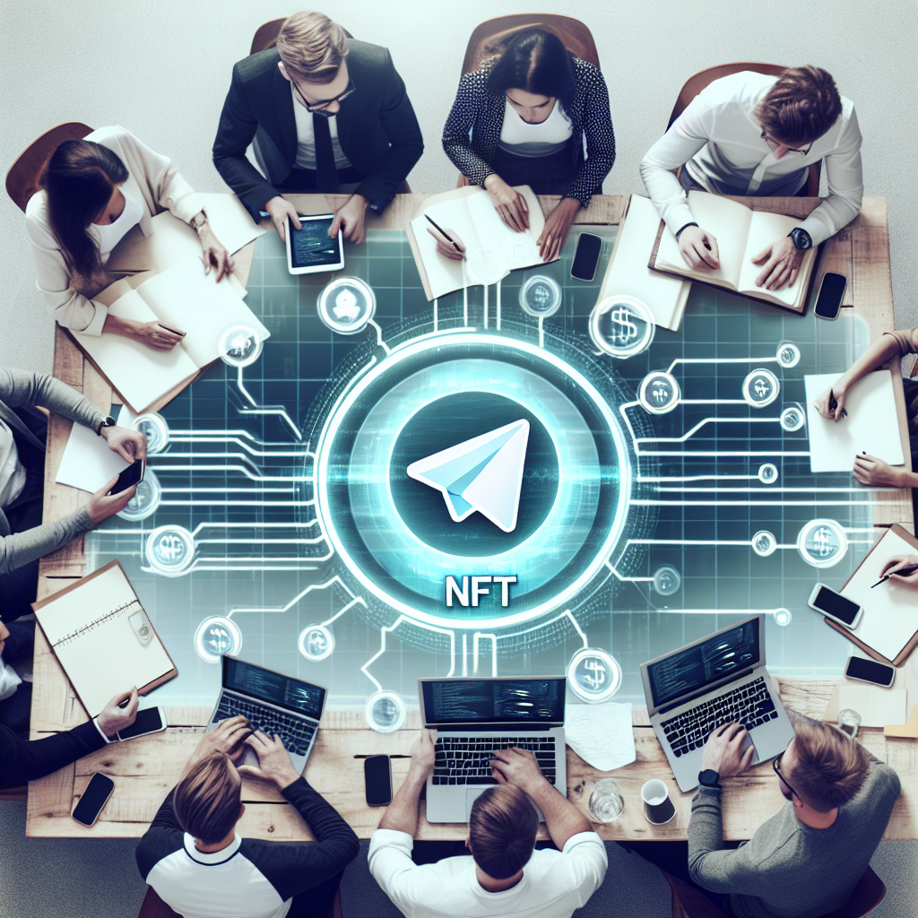 Grup de persoane europene la o intalnire, implicate in discutia despre NFT in cadrul unei conversatii pe Telegram, cu laptopuri si smartphone-uri pe masa.