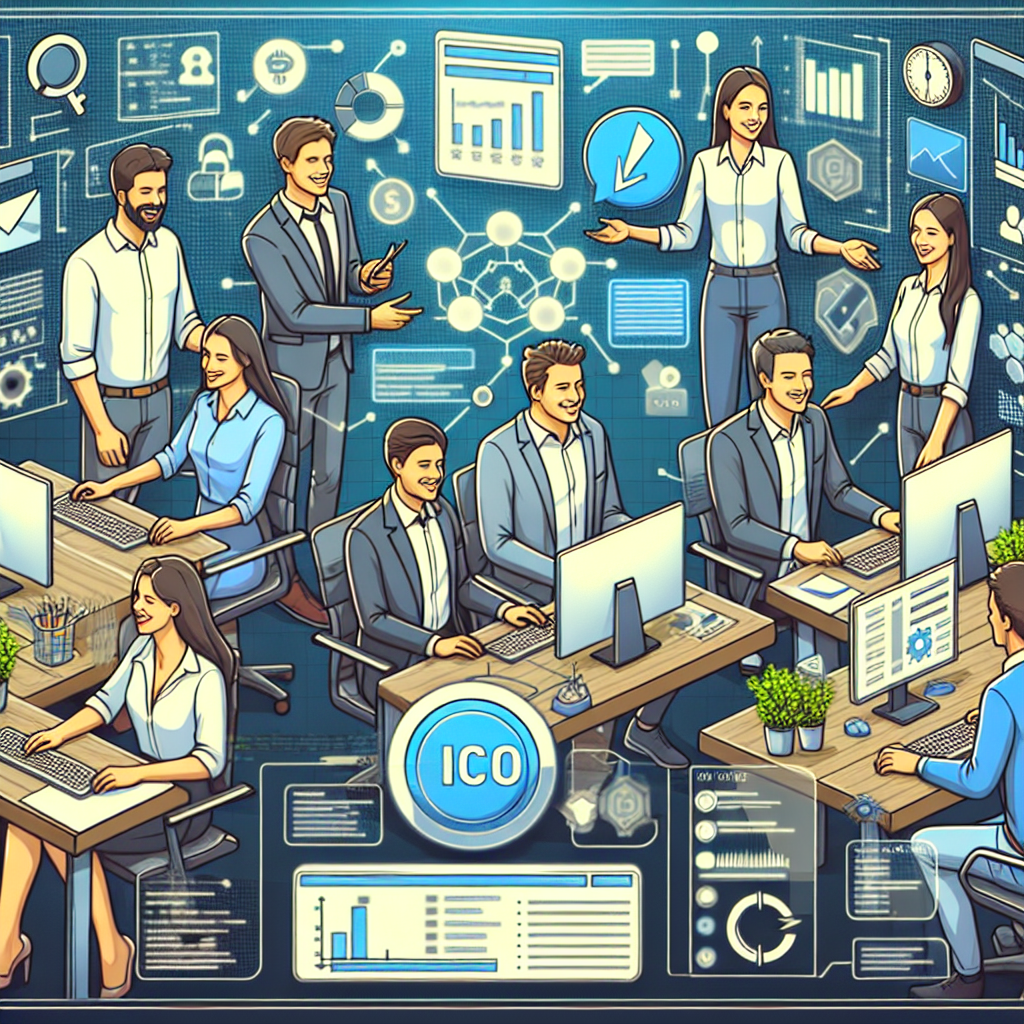 Oameni de tip european, lucrand in biroul unei companii IT, concentrati pe marketingul ICO, zambind, inconjurati de <a href=