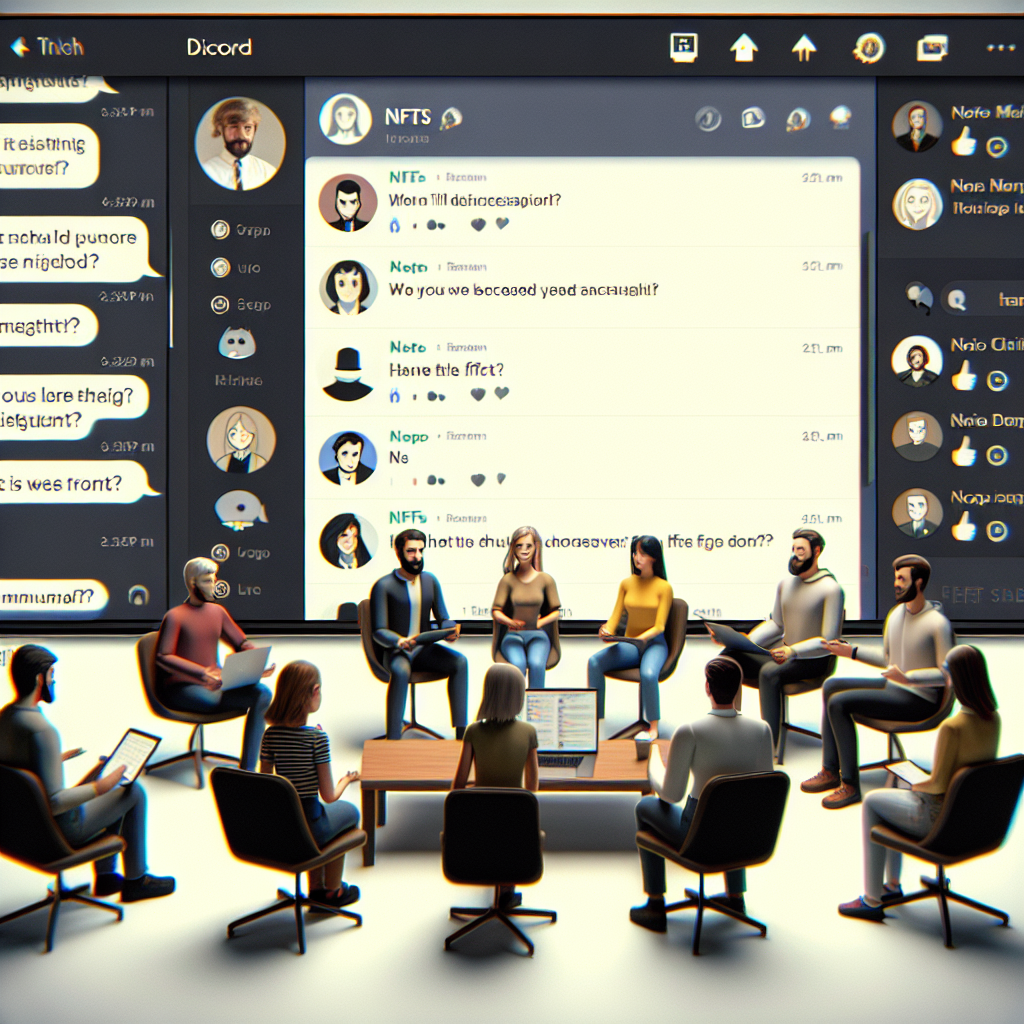 Imagine cu oameni de tip european discutand despre NFT pe platforma Discord. In fundal se vede interfata Discord, plina de discutii active si mesaje. Imaginea trebuie sa arate ca o fotografie reala.