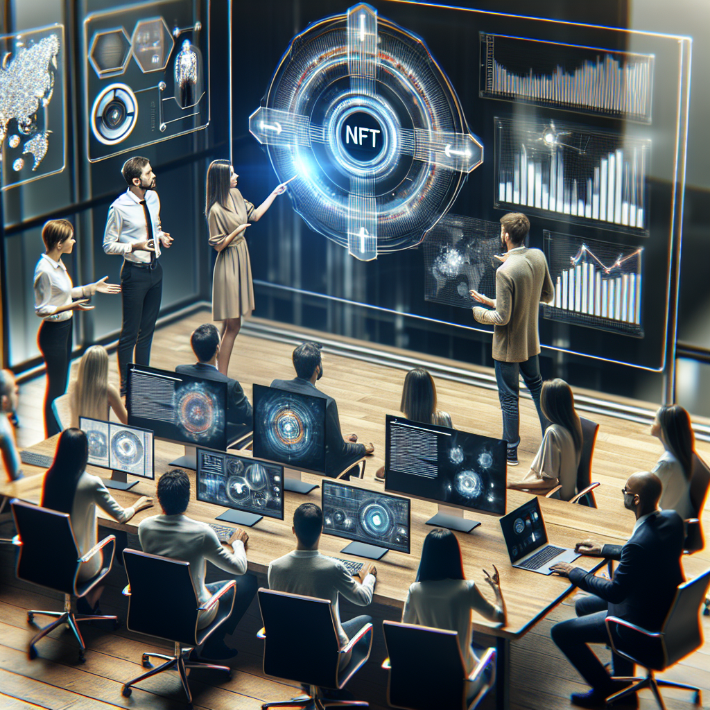 O imagine cu un grup de oameni (aparentie europeana) care discuta despre strategia de marketing a unui proiect nft intr-un birou modern, inconjurati de computere si grafice. Ar trebui sa arate ca o fotografie, astfel incat sa nu se deosebeasca de realitate.