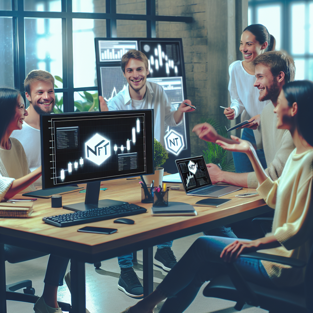 Grup de oameni europeni care lucreaza la un proiect NFT intr-un birou, discutand idei si zambind, cu grafice ale cresterii comunitatii in Discord si NFT-uri afisate pe ecranul unui computer.