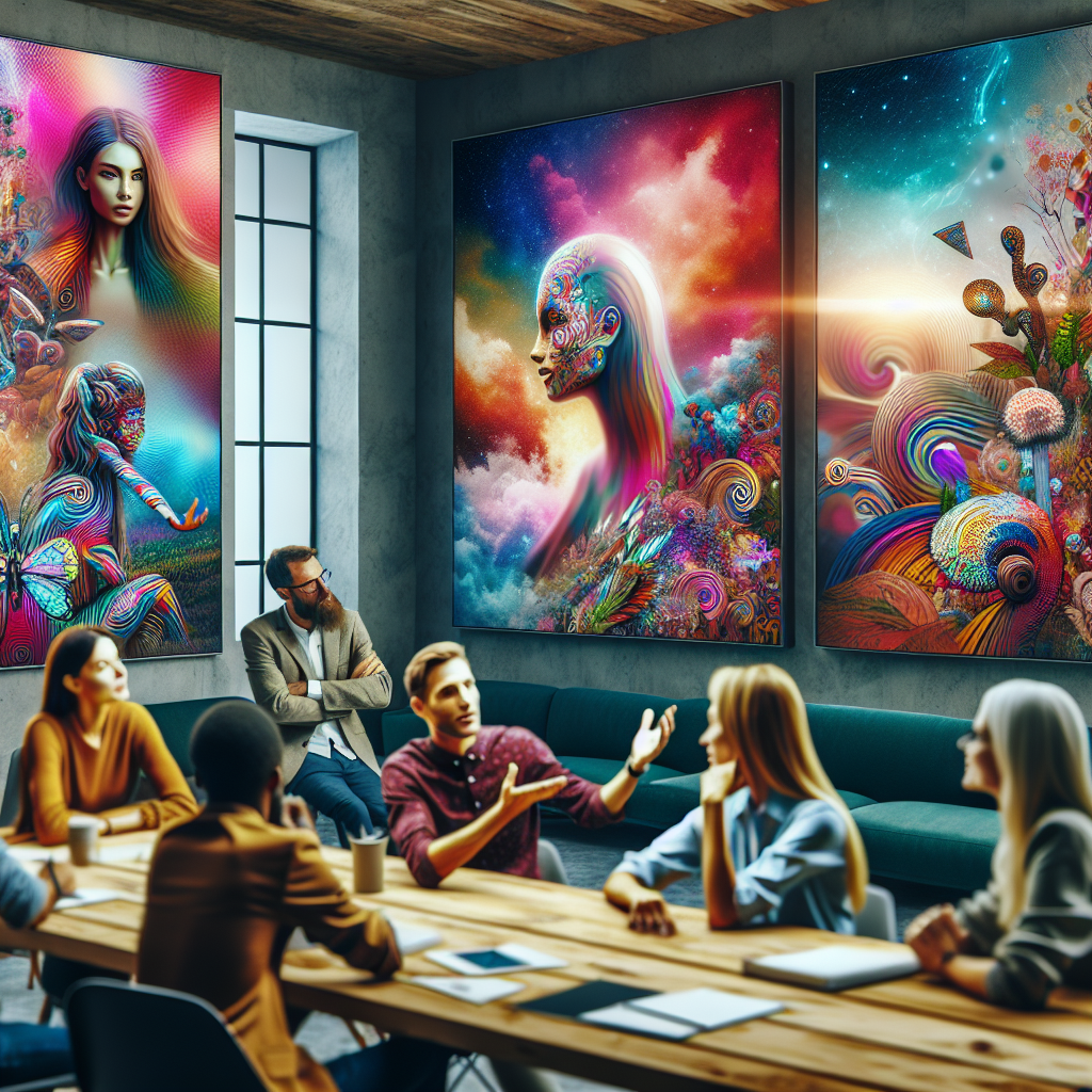 Imagine cu o atmosfera creativa pe fundalul artei NFT. Toate persoanele au un aspect european si discuta despre NFT intr-o incapere confortabila.