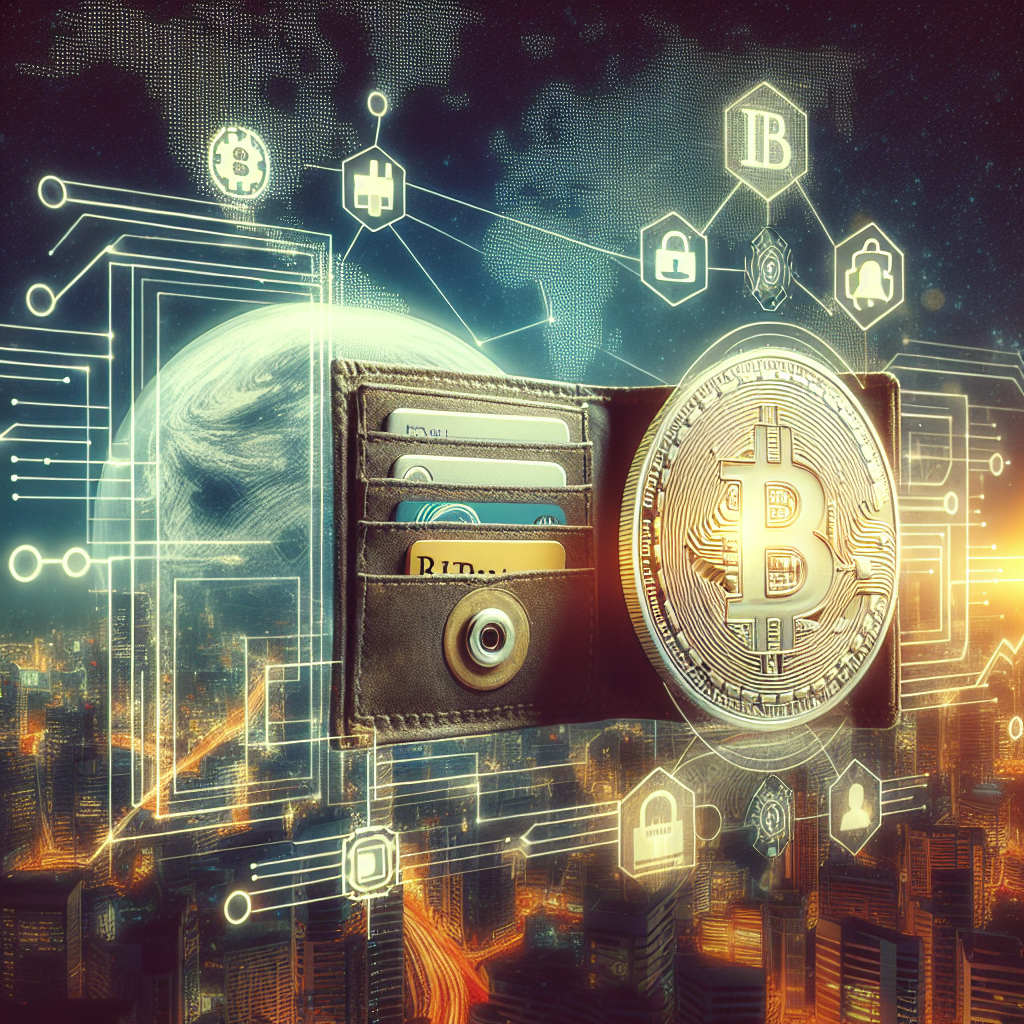 Creaza o imagine cu un portofel modern pentru criptomonede, in fundal cu o lume digitala si elemente de blockchain, astfel incat sa arate ca o fotografie.