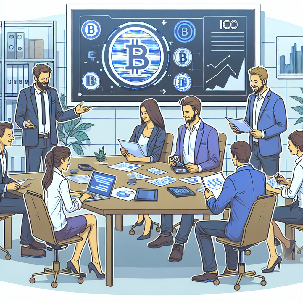 Grupe de oameni profesionisti in birou, lucrand la un proiect ICO. Toate persoanele sunt de tip european, asezati la o masa, discutand documente si gadget-uri digitale. Atmosfera este prietenoasa si productiva, cu o harta mare a criptomonedelor pe perete.