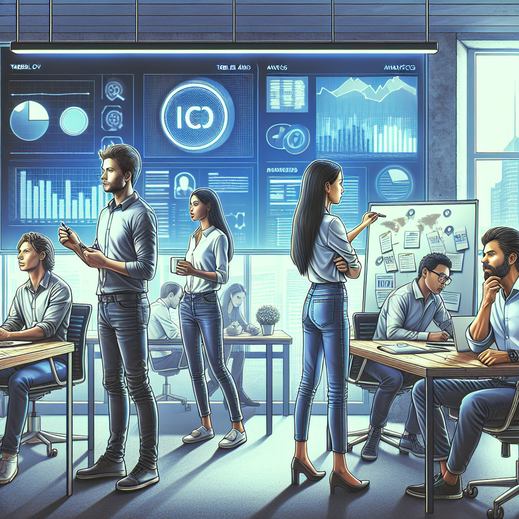 O echipa de marketeri lucrand la un proiect ICO, cu grafice si tabele de analiza afisate pe ecrane intr-un birou, atmosfera fiind concentrata si productiva, cu persoane de tip european.
