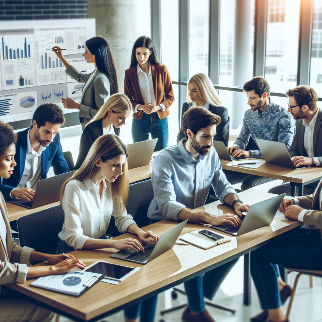 Imaginea arata un grup de specialisti europeeni in domeniul IT, lucrand impreuna la un proiect intr-un birou modern, cu laptopuri si grafice pe pereti.