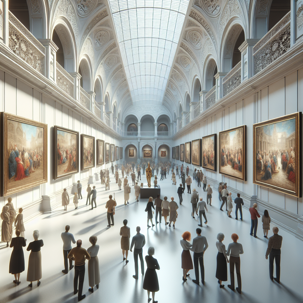 Imagine a unei galerii de arta virtuale, cu picturi frumoase, multi spectatori de varsta medie, interior luminos, stil european.