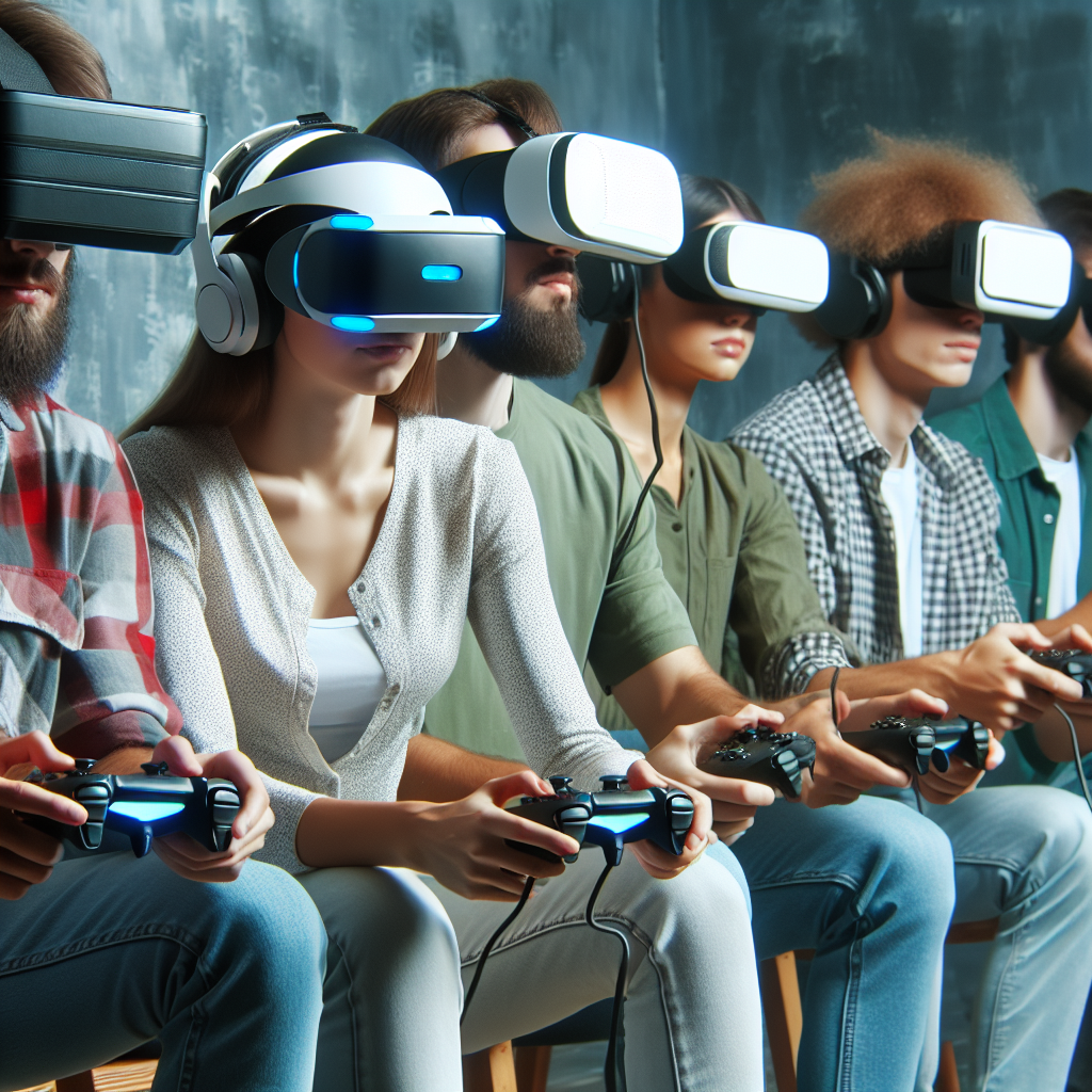 Un grup de tineri care se bucura de jocuri in realitate virtuala, interactiune fata in fata in metavers. Toate persoanele au un aspect european.