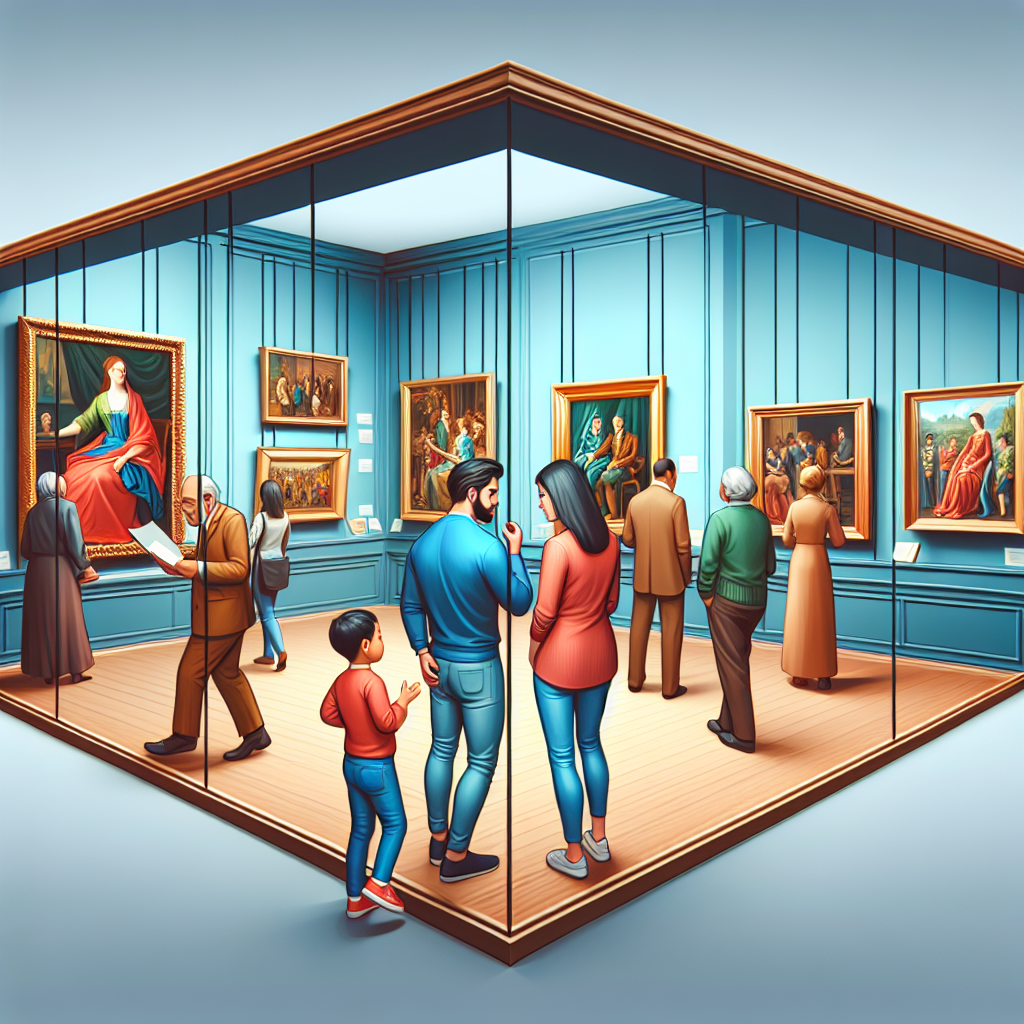 Imagine cu oameni care se bucura de o expozitie in galeria de arta virtuala, opere de arta stralucitoare, atmosfera de interactiune si discutii, stil european.