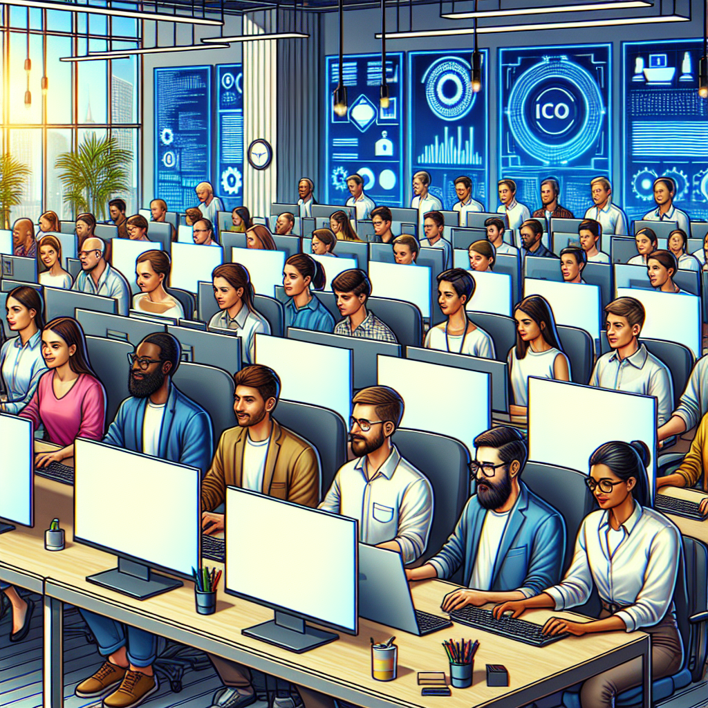 Imaginea unui birou modern de IT, cu profesionisti europeni care lucreaza la computere. Interiiorul este contemporan, avand panouri si monitoare care reflecta procesul de dezvoltare ICO.