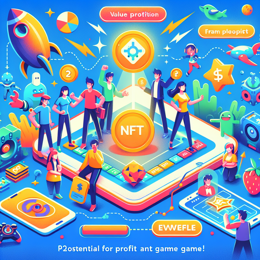 Poster colorat si vibrant care prezinta conceptul unui joc P2E NFT de succes, cu personaje din joc si elemente de interfata, menite sa atraga atentia dezvoltatorilor de jocuri.