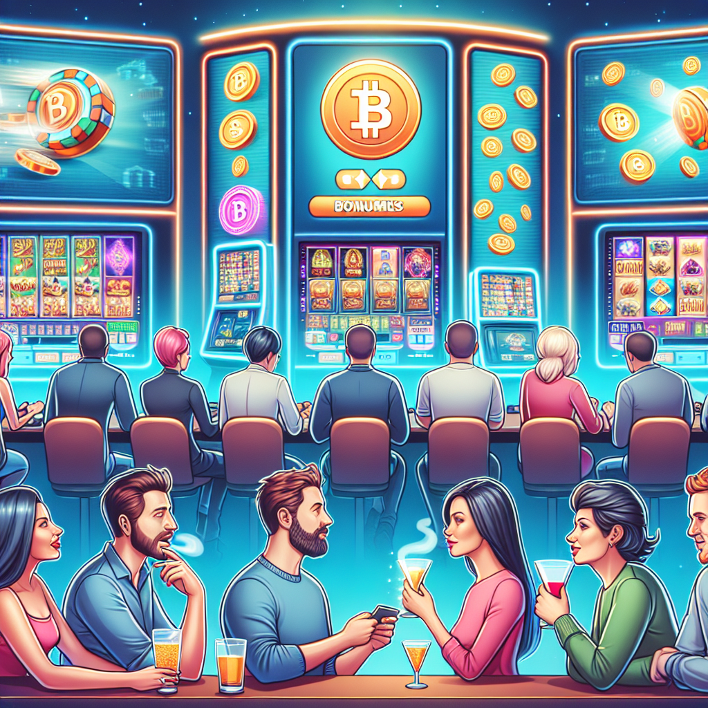 Grup de oameni care joaca la un casino online, toti participantii arata ca europeni, iar in fundal sunt ecrane cu jocuri de crypto-slots si bonusuri.