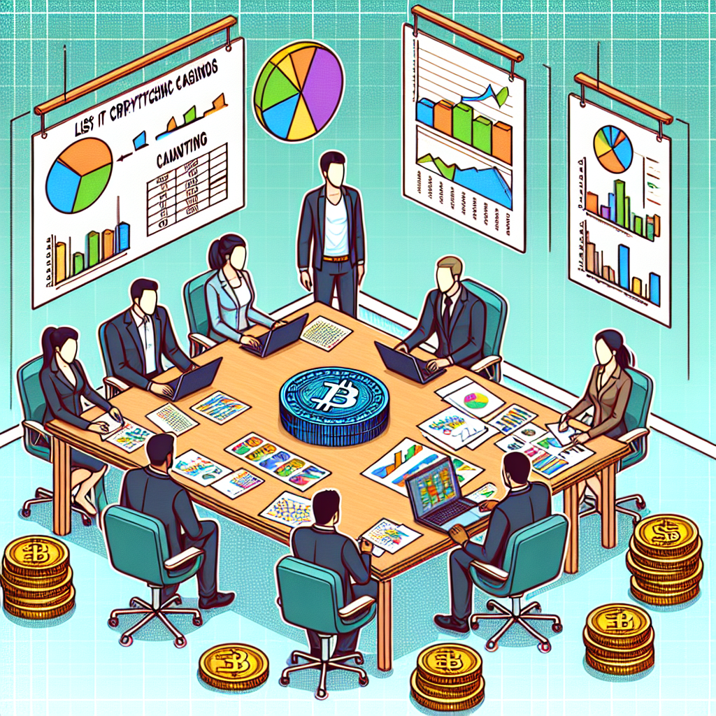 Imagine care ilustreaza procesul de creare a unei liste de cazinouri crypto, cu elemente de analiza a datelor, diagrame contabile si discutii intre oameni europeni.