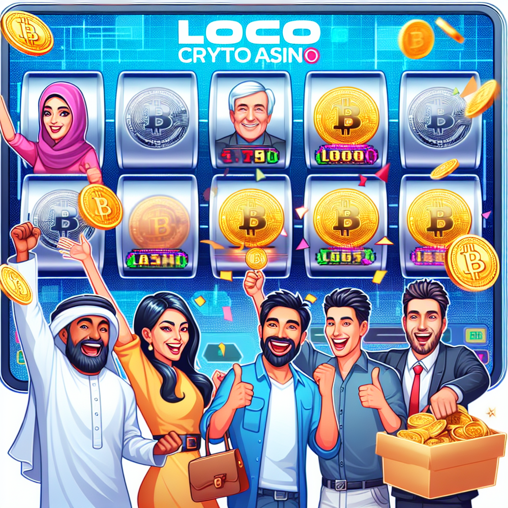 Ecran interactiv cu sloturi cripto, jucatori bucurandu-se de castiguri, si logo-ul Loco Crypto Casino creat intr-un stil modern.