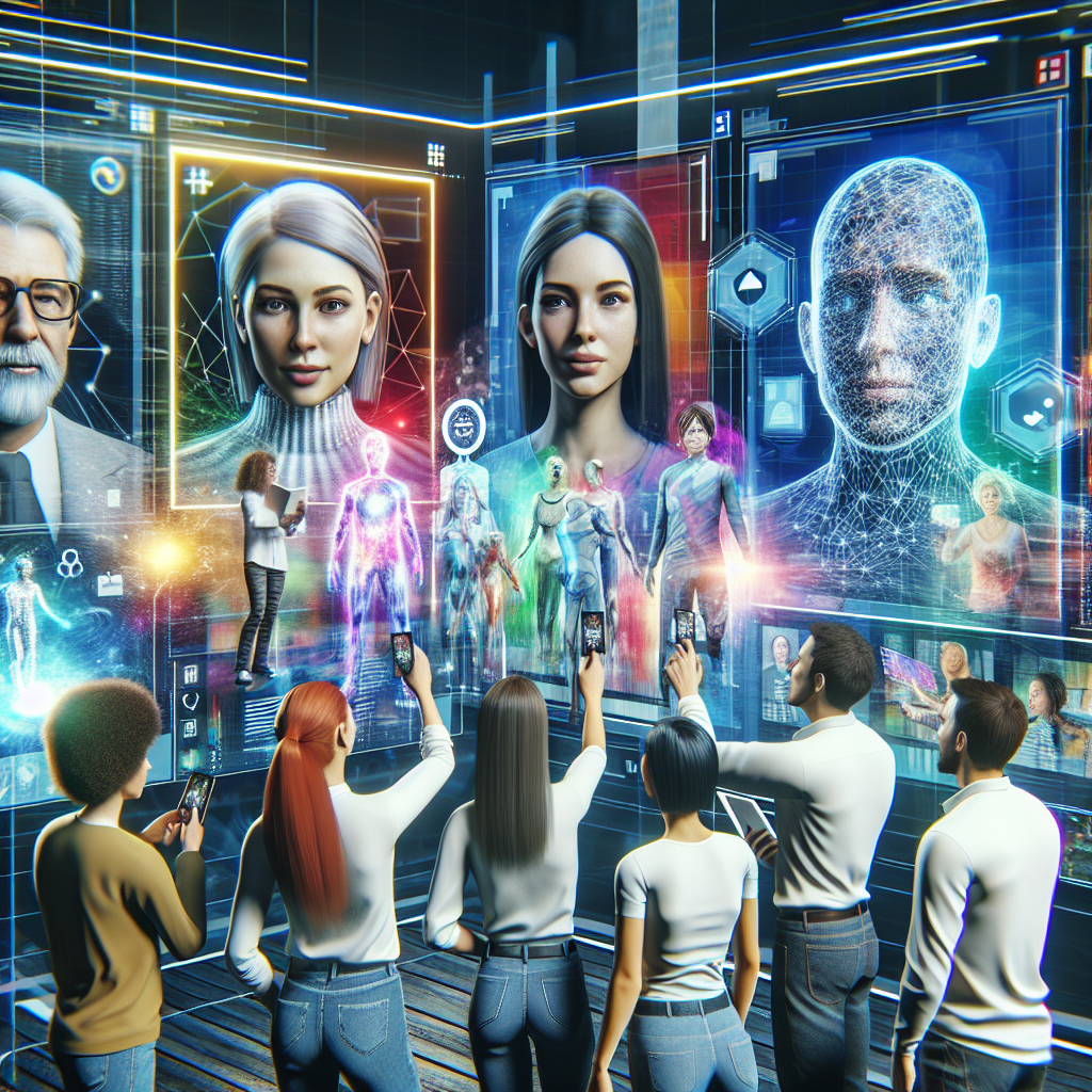 Grup de oameni europeni interactioneaza intr-un spatiu virtual modern al metaversului, folosind avatare si noi tehnologii. Imaginea ar trebui sa arate ca o fotografie fotorealista.