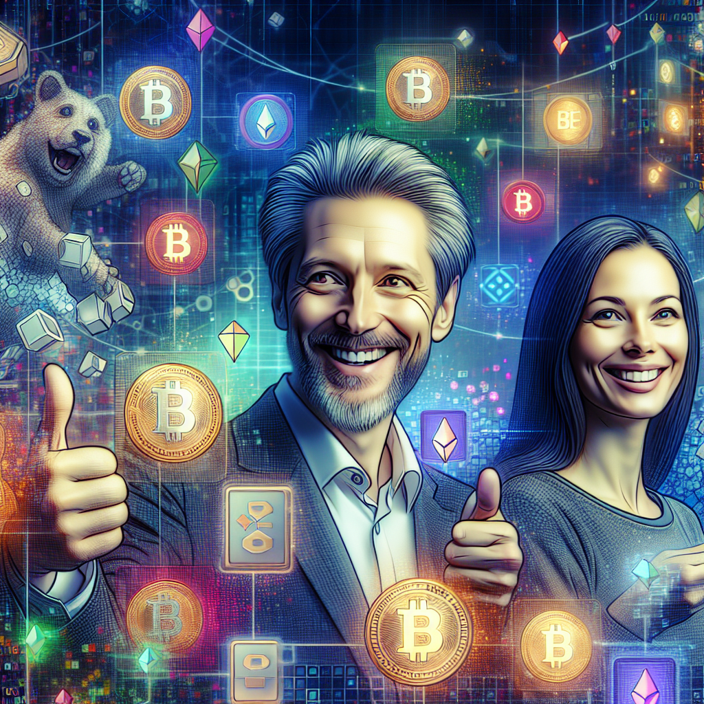Concept de jocuri de noroc in stil NFT, cu jucatori europeni care zambesc in fata elementelor de joc digitale si simbolurilor criptomonedelor, simbolizand oportunitatea de castig prin jocuri NFT.