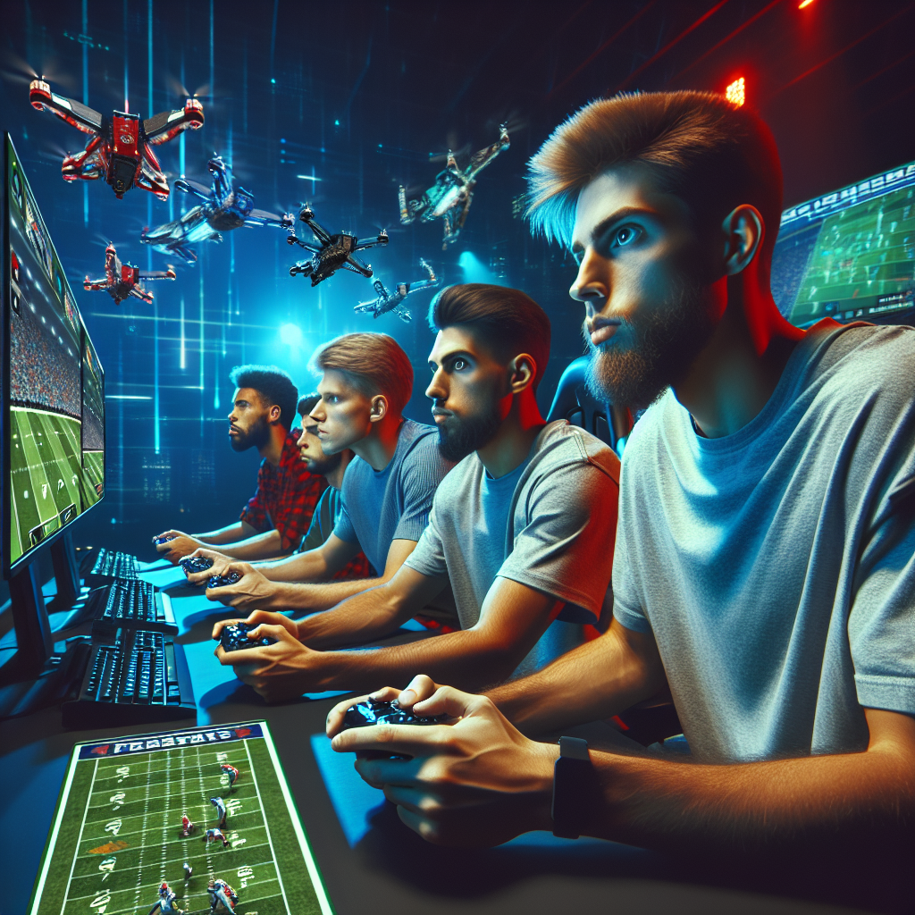 Imagine cu gameri europeni care participa la jocuri de fantezie fotbal si jocuri de curse, inconjurati de dispozitive de joc moderne si grafica digitala vibranta.