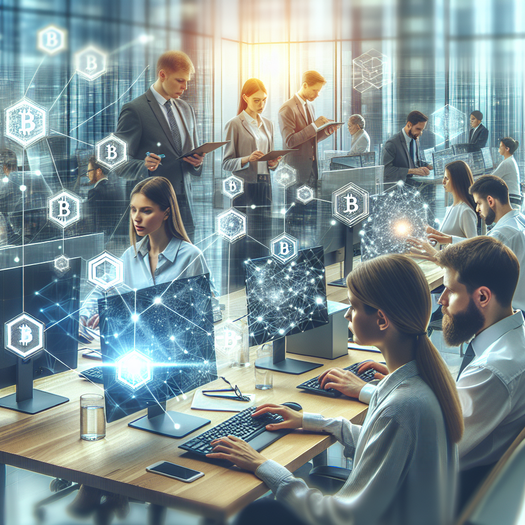 Generati o imagine care demonstreaza interactiunea tehnologiilor blockchain cu structuri financiare, cu oameni europeni lucrand la computere intr-un birou modern, atmosfera inovatiilor si colaborarii.