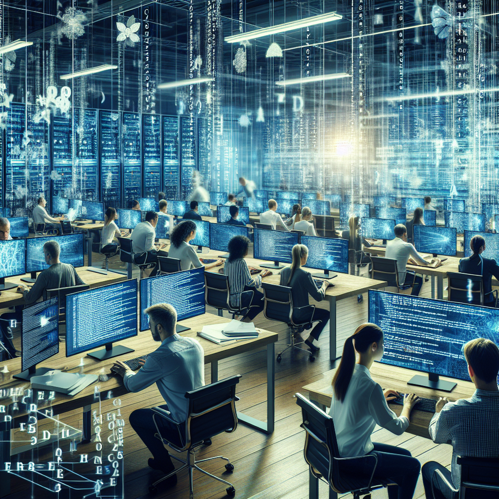 Generati o imagine care demonstreaza procesul de criptare a datelor folosind criptografia, cu oameni europeni la computere, lucrand intr-un birou modern, intr-o atmosfera de inalta <a href=