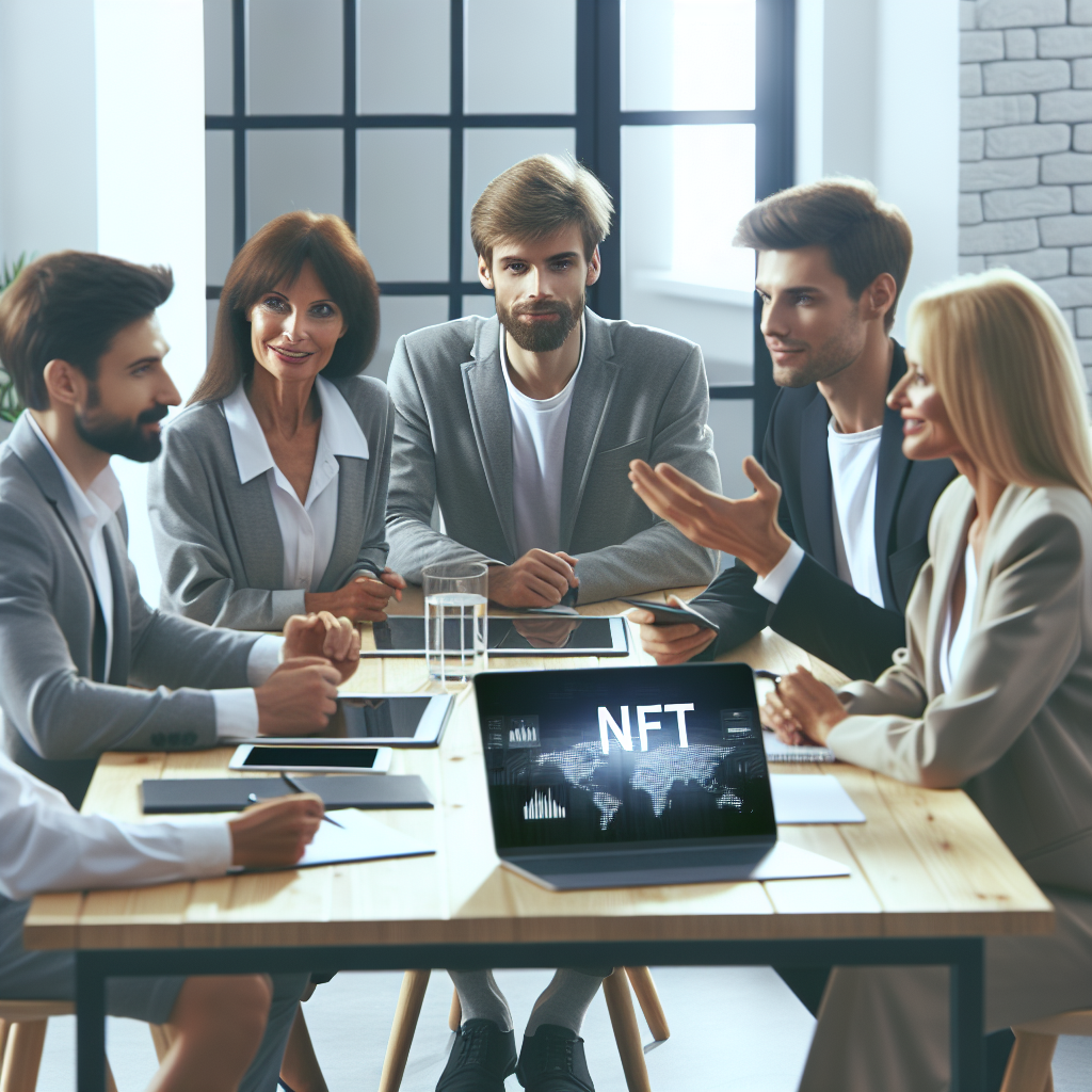 O imagine cu oameni europeni discutand despre platformele NFT la o masa, cu un laptop si un tablet pe masa, intr-un birou modern cu un <a href=