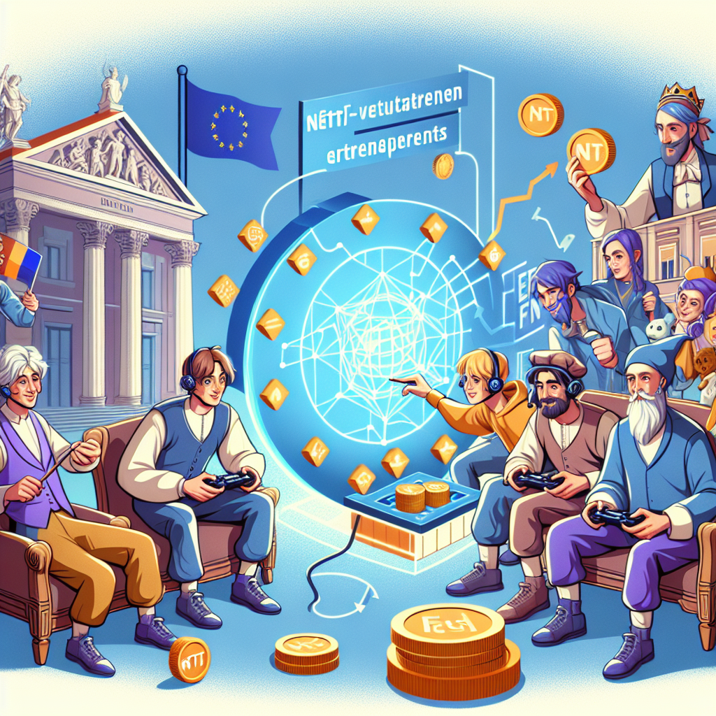 Imagine care ilustreaza un proces de joc captivant in lumea animo-capsulei, cu elemente NFT, in care jucatorii interacționeaza intre ei. Toate persoanele au un aspect european.